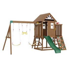 Wooden Swing Set, 10 IN 1 Playground Sets for Backyards, 2 Swings, Trapeze Bar, 6FT Slide, Large Upper Fort with Kitchen Toys, Flat Step Ladder