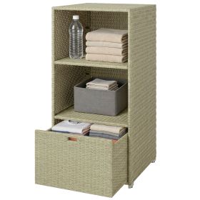Valet Pool Towel Rack, Water-Resistant PE Plastic Rattan Wicker Storage Organizer, 2 Shelves, 1 Basket Drawer (Color: Gray)