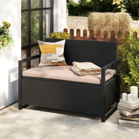 Patio Storage Bench Outdoor Wicker Loveseat with Built-in Storage (Color: Brown)