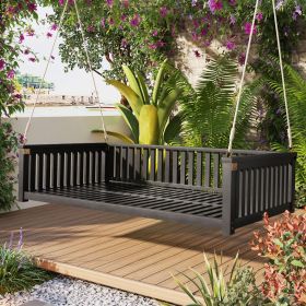 Patio Minimalist Twin Size Garden Swing Bed Wood Porch Swing with Ropes for Backyard, Safe Sloped Design (Material: Acacia Wood, Color: black)